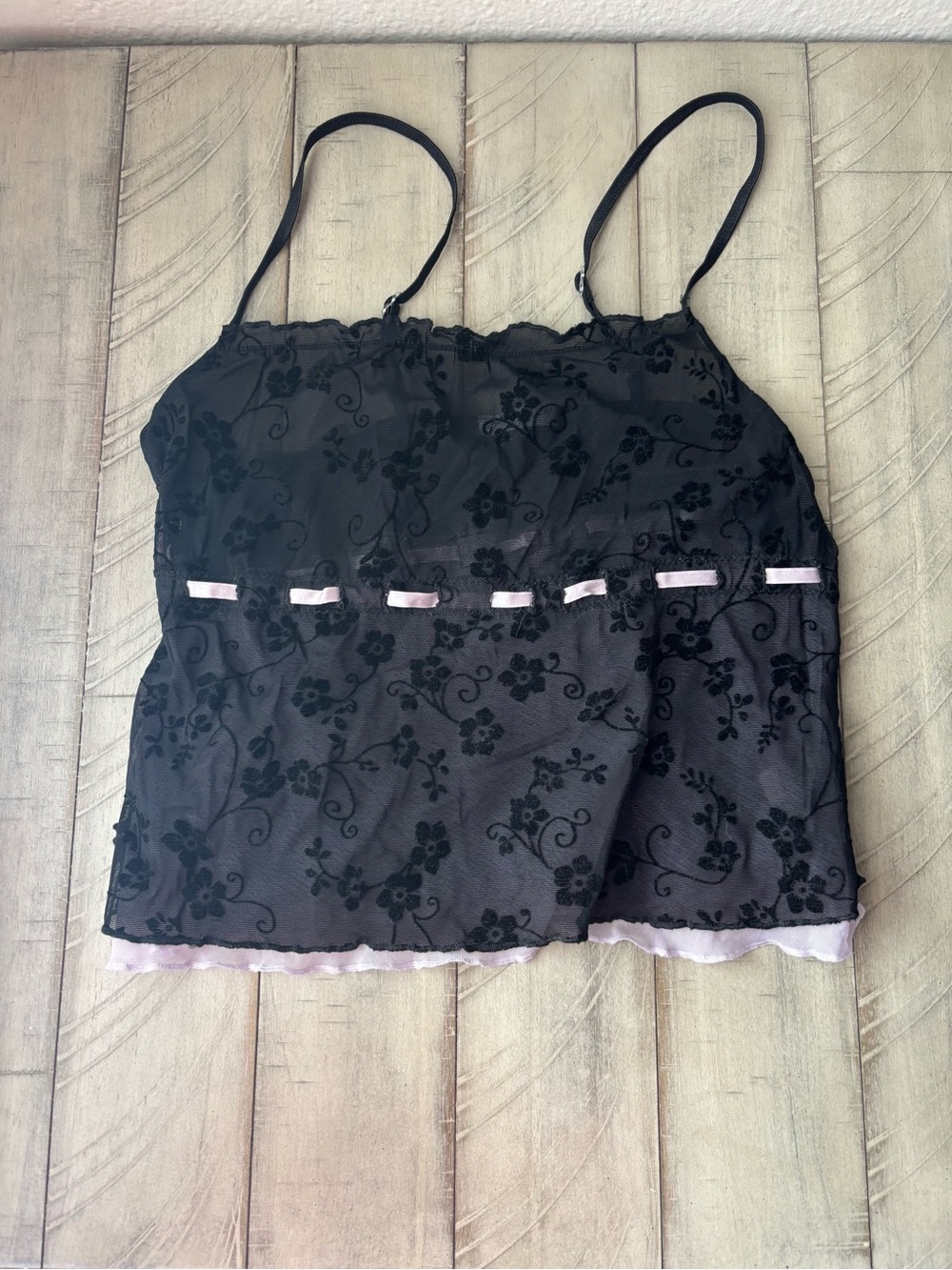 Honeydew Black Sheer Floral Lace Camisole with Pale Pink Trim Size Large